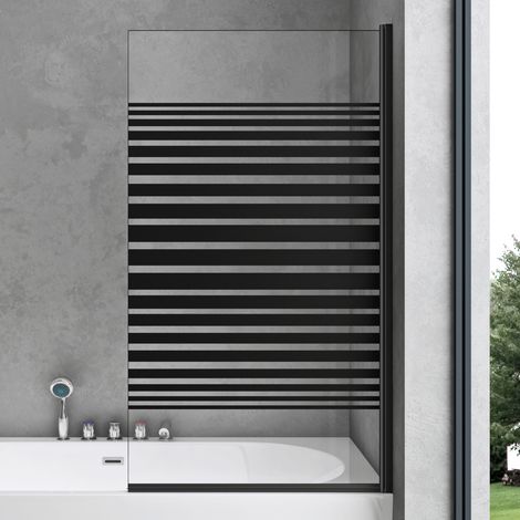 doporro Paroi de Baignoire 80x140 cm Pare Baignoire 1 Volet Verre Trempé Transparent avec Bandes Opaques Profilés Noir Montage Réversible Cortona201MS (1/5)