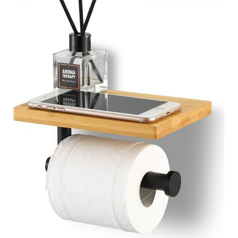 Porte-papier toilette en bambou avec étagère – Acier inoxydable antirouille – Conception anti-rotation – Pour salle de bain humide – Fuienko