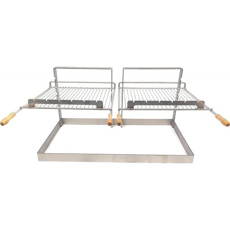 Grille de barbecue encastrable pour cheminée – Grand modèle double 78x71 cm – Poignées en bois – 10 kg (1/5)