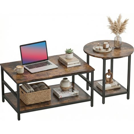 Couchtisch-Set, 2-teilig, rechteckiger und runder Tisch mit 2-stufigem Stauraum, für Wohnzimmer, Rustikal-Braun