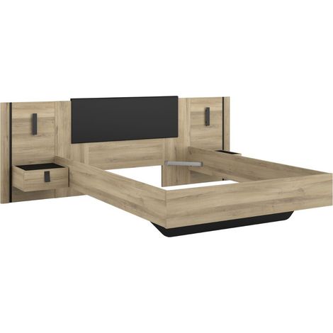 Lit 140x190 + 2 chevets suspendus sur panneaux avec éclairage aspect bois et noir - ELOUAN (1/4)