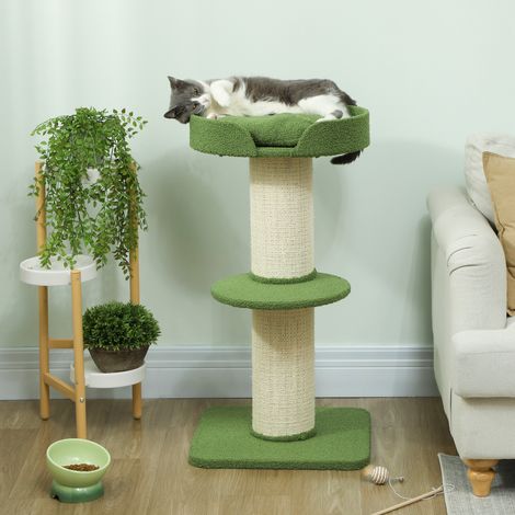 Arbre à chat de 91 cm avec couchage intégré. Plateforme en laine d'agneau verte.