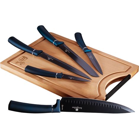 Berlinger Haus Aquamarine Jeu de 5 Couteaux de Cuisine Professionnel Acier inox, Chef, Planche à Découpe  Bleu marine