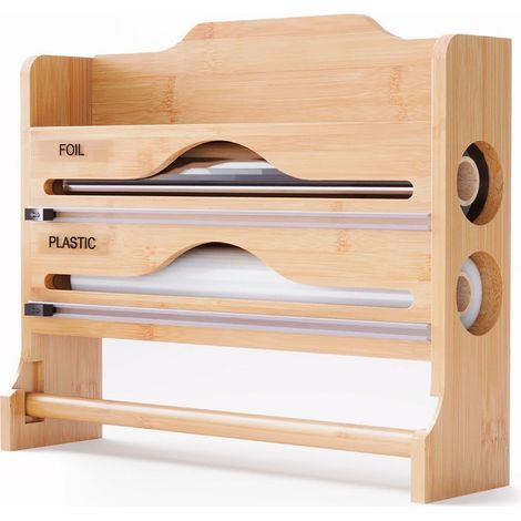1 Support mural 3 en 1, bambou, plastique, cutter intégré, rangement rouleaux, cuisine (1/5)