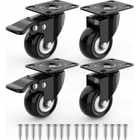 4 Roulettes Pivotantes Pour Meubles dont 2 avec Frein + Vis 40mm Jusqu'à 80KG Roulette Sans Traces au Sol pour Charge Lourde Roue en Caoutchouc pour Chariot Noires (1/5)