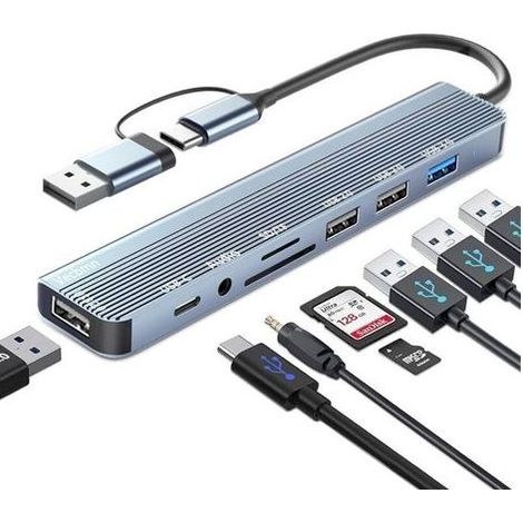 Hub USB C 3.0 Multiport 8 in 2 with 3 Ports 2.0, PD 100W, Reader of Card SD/TF, Ports Audio 3,5 mm, Adapter Type C for Macbook Air/Pro, Galaxy, Windows (1/5)