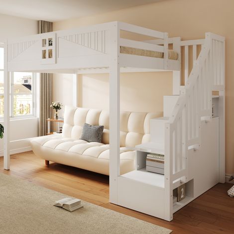 Cama alta de madera 140 x 200 cm blanca con escalera, almacenaje y protección con ventana (1/5)