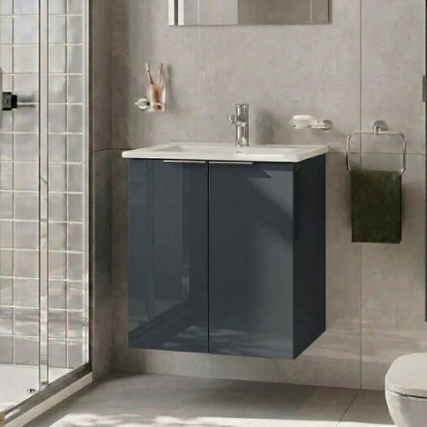Vitra S20 Square Wall Hung 2-Door Vanity Unit and Basin 600mm Wide - High Gloss Anthracite