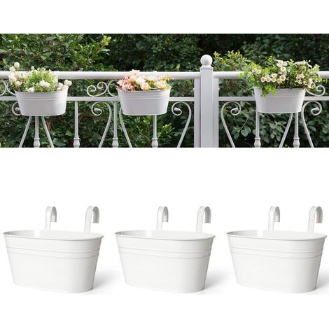 Paquete de 3 macetas colgantes de hierro para cercas, decoración del hogar con ganchos desmontables, color blanco