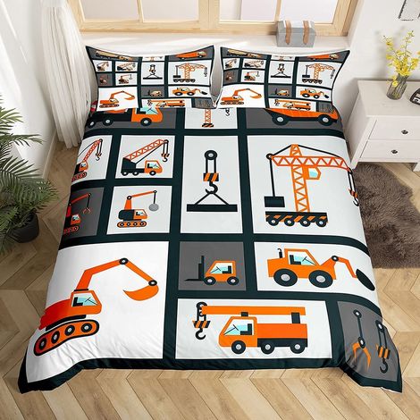 Parure de lit pour enfant - Avec housse de couette 135 x 200 cm et 1 taie d’oreiller 80 x 80 cm - Motif véhicule d’ingénieur, engin de construction, camion - Pour fille et garçon - Orange et blanc (1/5)