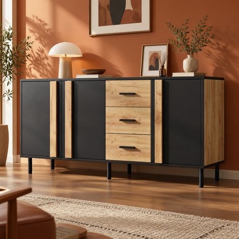 Aparador 140/35/70 cm negro y madera, 3 puertas, 3 cajones y 6 patas metálicas (1/5)