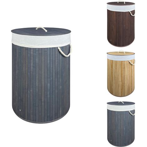 Cesto Biancheria PortaBiancheria Rotondo Pieghevole In Vero Bamboo 75 Litri di Capacità Con Manici In Corda Bucato e Coperchio Panni Sporchi Rettangolare in Tre Colorazioni Grigio (1/5)