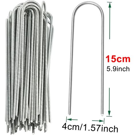 (4 x 15 cm, 140 pièces) Agrafes de jardin en U, piquets robustes pour clôtures tubulaires, ancrages à gazon galvanisés, clous de jardin pour maintenir les pelouses et barrières. (1/4)