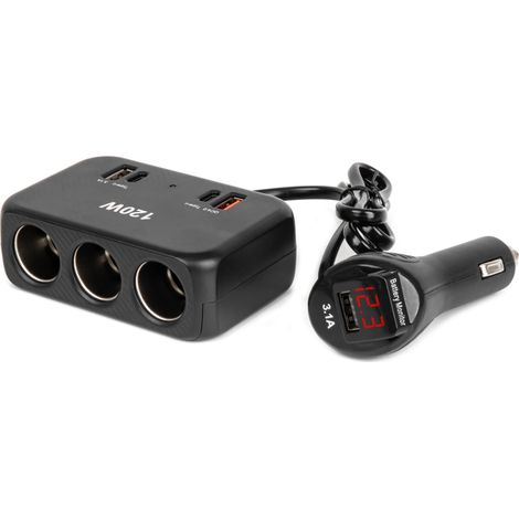 Adaptador divisor para toma de mechero con cargador 2x USB-A 1x USB-C QC4.0 12V 24V 120W 80cm amio-04366 (1/5)