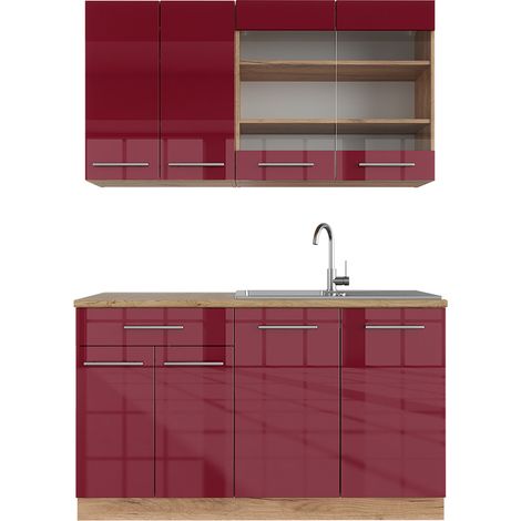 Singleküche Fame-Line, Bordeaux Hochglanz/Goldkraft Eiche, 140 cm , AP Eiche, Vicco