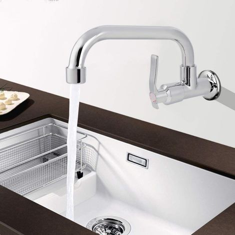 Robinet de Cuisine, Robinet Cuisine Bec Haut Pivotant à 360°, Poignée Unique Robinet Cuisine, G1/2in Robinet d'eau froide mural pour évier et cuisine (20cm) (1/5)