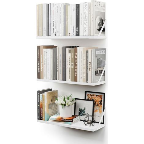 Étagères murales suspendues pour Le Mur, Lot de 3, étagère bibliothèque pour Chambre à Coucher, Salon, Bureau, Salle de Bain, Cuisine, Bois Rustique avec Support métallique (Blanc) (1/5)
