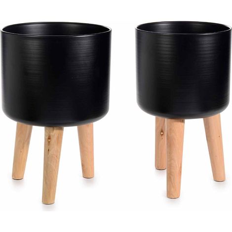 Set di vasi cilindrici in metallo nero con superficie testurizzata e con supporto in legno treppiedi, Grande: Ø 28 cm x 42,5 H