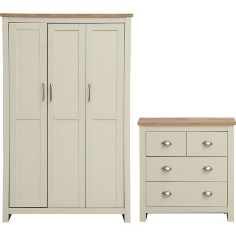 Cream 2 Piece Bedroom Set With 3 Door Wardrobe & 2+2 Chest Drawers Oak Wood (1/5)