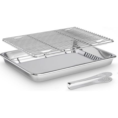 Plaque à Pâtisserie avec Grille Plaque de Cuisson de Refroidissement en Acier Inoxydable Plat à Rôtir Rectangulaire avec Pince De Cuisine pour Les Barbecues, 40x30x2.5CM (1/5)