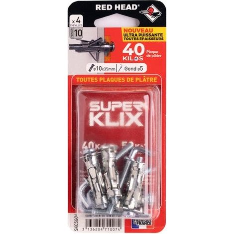 RED HEAD Lot de 4 chevilles Diam.10 x L.35 mm et gond RED HEAD, Diam.5mm