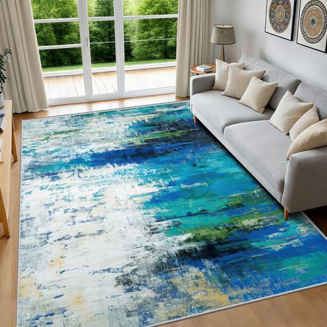 Tapis d'Entrée Intérieur Bleu 60x90 cm, Lavable en Machine et Antidérapant Style Moderne à Motifs Abstraits à Poils Courts pour Descente de Lit, Chambre (1/5)