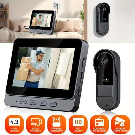 Campanello wireless impermeabile per esterni 1080P – Telecamera HD a 170° – Schermo IPS da 4,3 pollici – Visione notturna a infrarossi – Audio bidirezionale (1/4)