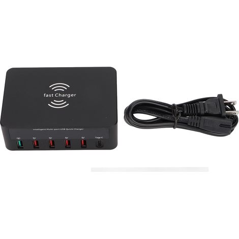 Station de charge USB 40W 6 ports QC 3.0 Hub de charge sans fil avec écran LCD 100-240V Noir Prise US (1/5)