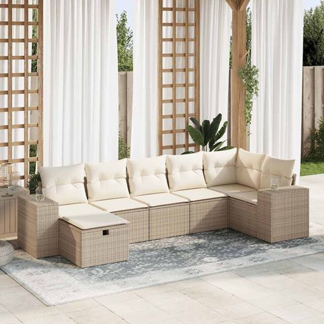 7-tlg. Garten-Sofagarnitur mit Kissen Beige Poly Rattan