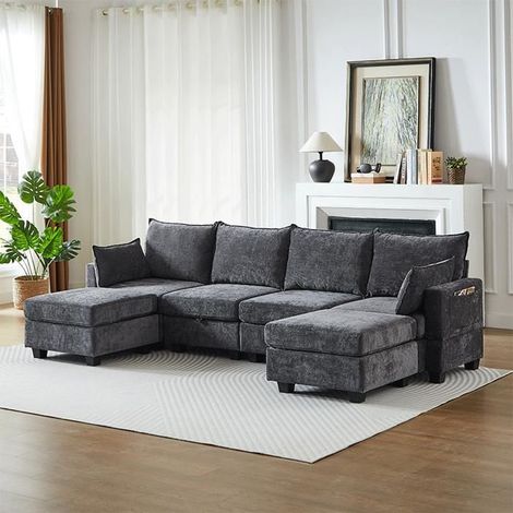 Canapé panoramique en U modulable convertible 6 places en chenille, avec méridienne, avec pouf, avec rangement, réf. W3349S00069 (1/4)