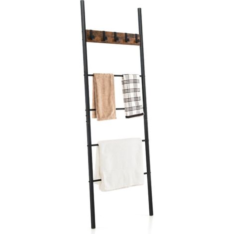 Wall Leaning Industrial Blanket Holder Rack 5-Tier Ladder Shelf with 5 Hooks (1/5)