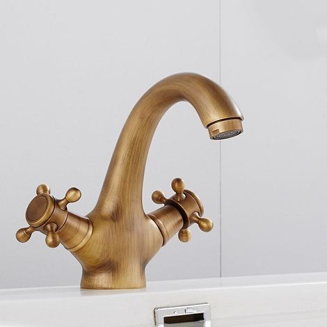 Rubinetto miscelatore per lavabo vintage in ottone con 2 maniglie in bronzo (1/4)