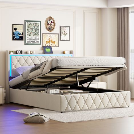 BSMGSGN-Lit Coffre Capitonné 160x200cm avec Sommier, Éclairage LED et Fonction de Charge USB, Cadre de Lit Double Rembourré Hydraulique avec Espace de Rangement, Velours Beige, sans Matelas (1/5)