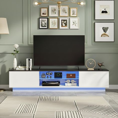 Mobile TV 160 cm con 2 armadi, stile moderno, ripiani in vetro, design bianco e nero, televisore elegante