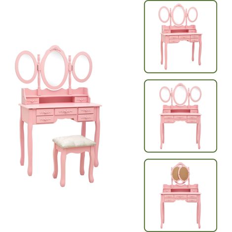 Trucco - vidaXL Tavolo da Trucco con Sgabello e Specchio Pieghevole in 3 Rosa - Tavolo da trucco con sgabello