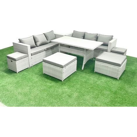 Fimous Polyrattan Gartenmöbel-Set Outdoor 10 Sitzer mit Glasplatte Esstisch Hellgrau gemischt
