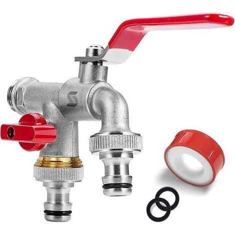 Robinet Double de Jardin.robinet avec 2 sorties 3/4" - Entrée 1/2". 1 bande d'étanchéité à rouleau. double raccord et embout de tuyau pour jardin. citerne de pluie. machine à laver (Rouge) (1/5)