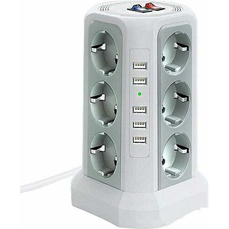 Aiperq Tour multiprise parafoudre et surtension, Multiprise Electrique avec 5 Ports USB et 12 Prises, multiprise avec et 3 Interrupteurs, Blanc (1/5)