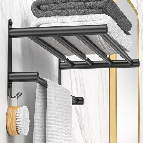 Barre porte-serviettes extensible de 17 à 30 pouces pour salle de bain, cuisine, porte-torchons, support mural en acier inoxydable SUS304, sans perçage, réglable, noir (1/5)