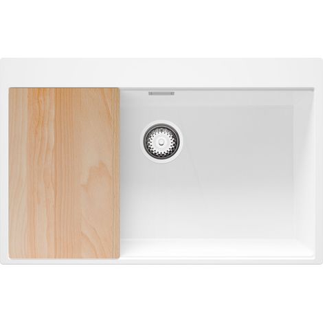 PRIMAGRAN Evier Cuisine en Granit 78x50cm,Lavabo 1 bac + Kit de Vidage + Planche à Découper, Évier à Encastrer au meuble 80cm - Oslo, Blanc (1/5)