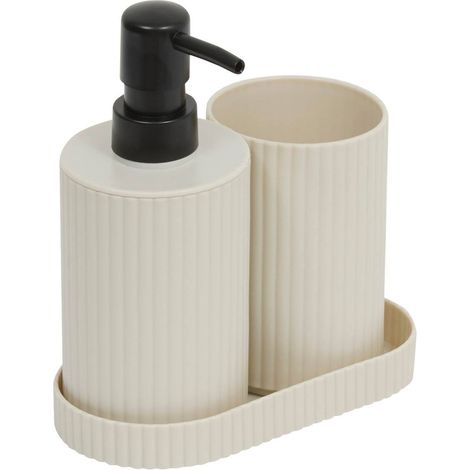 Lot distributeur de savon et gobelet strié beige - 5five (1/5)