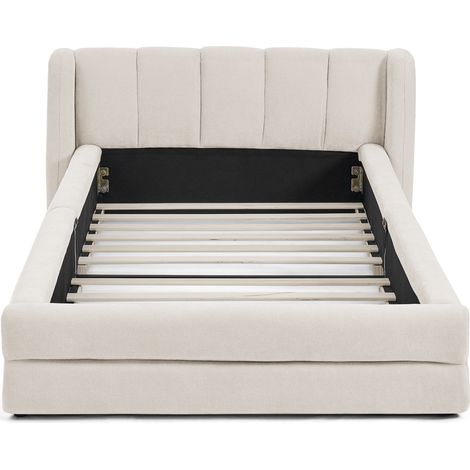 Cama individual 90 x 200 cm en chenilla beige con cabecero acolchado, sin colchón (1/5)