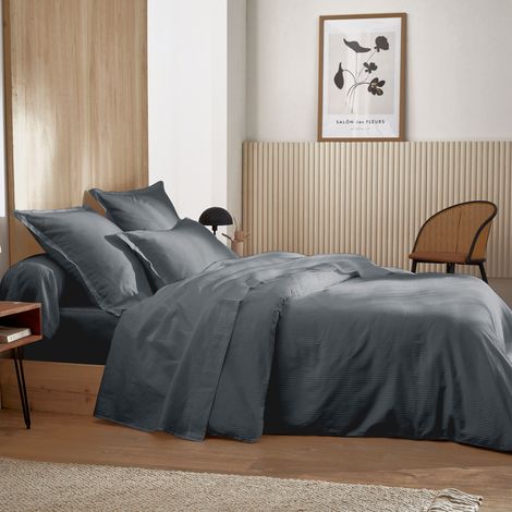 Housse de couette satin de coton rayures ton sur ton Gris 200x200 cm