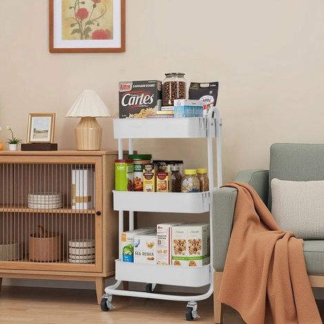 Desserte de cuisine à roulettes 3 niveaux – Rangement pour cuisine et salle de bain – Roulettes 360° avec freins – Blanc – 44 x 40 x 80 cm – Home Nature Wohnkonzept (1/5)