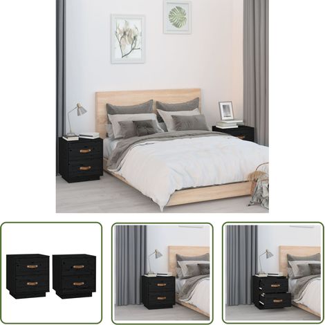 The Living Store Nachttische 2 Stk. Schwarz 40x34x45 cm Massivholz Kiefer - Nachttische - Massivholzmöbel - Kiefernholz - Schwarze Möbel - Wohnzimmerdeko (1/5)