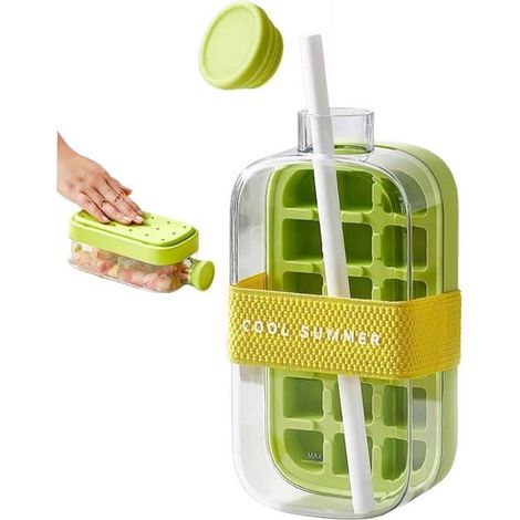 Set di 2 bottiglie in silicone con stampo per cubetti di ghiaccio, cannuccia ed elastico, borraccia multifunzionale da viaggio per campeggio, picnic e uso quotidiano. (1/5)