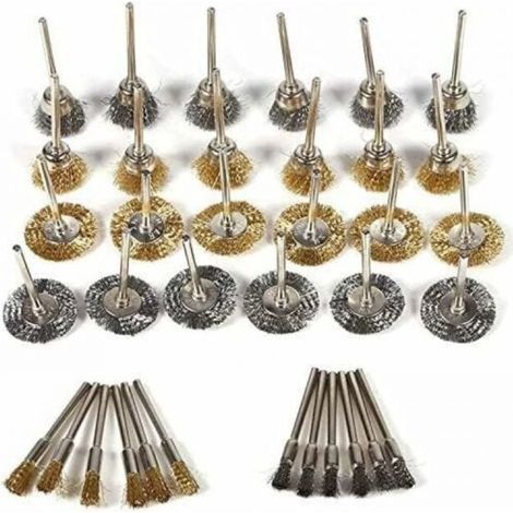 36 piezas de cepillos metálicos para taladro, latón, acero, cerdas, forma de bolígrafo y rueda, herramienta rotativa para pulir y limpiar (1/4)