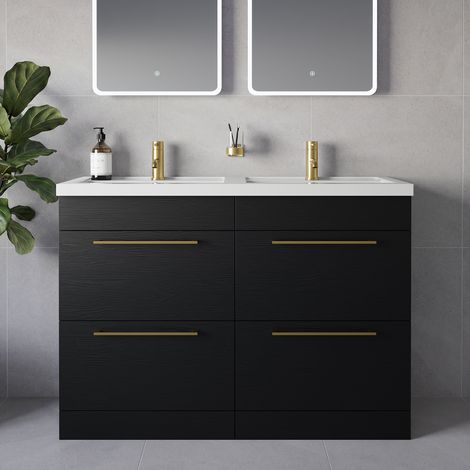 Napoli 390 Nero Oak 1200mm 4 Drawer Vanity Unit with Double Lucia Basins - 1200mm - Brushed Brass 320mm Handle