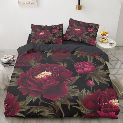 Bettwäsche 200x200 cm Blumen Rot Lila Mikrofaser 3D Floral Set mit Reißverschluss