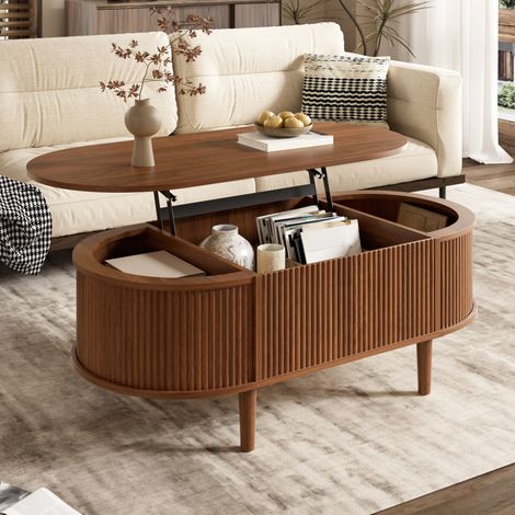 Tavolino da caffè ovale 100x48x54.5 cm, piano regolabile in altezza, vani portaoggetti, MDF, color noce (1/5)